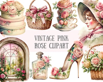 Watercolour Vintage Pink Rose Clipart - Vintage Lady PNG Digital Image Downloads for Card Making, Scrapbook, Junk Journal, Paper Crafts