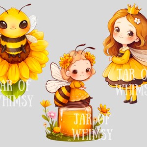 May include: Three cute cartoon bee illustrations. One bee is sitting on a yellow sunflower. Another bee is wearing a yellow dress and a crown. The third bee is sitting on a jar of honey. All three illustrations have the text "JAR OF WHIMSY" on them.
