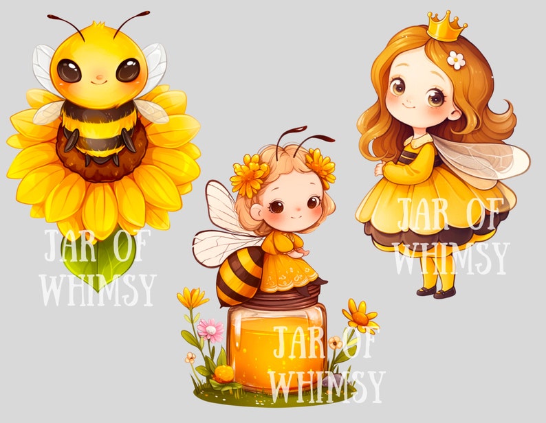 May include: Three cute cartoon bee illustrations. One bee is sitting on a yellow sunflower. Another bee is wearing a yellow dress and a crown. The third bee is sitting on a jar of honey. All three illustrations have the text "JAR OF WHIMSY" on them.