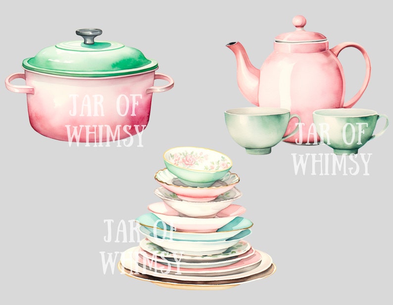 Pu&ograve; includere: Un'illustrazione ad acquerello di una teiera rosa con un coperchio verde, due tazze da t&egrave; verdi e una pila di piatti color pastello con un motivo floreale. Il testo "JAR OF WHIMSY" appare tre volte nell'immagine.