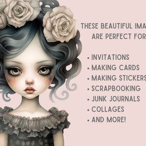 Puede incluir: Una ilustraci&oacute;n digital de una ni&ntilde;a con cabello azul y una corona de rosas blancas. Tiene un rostro delicado, como de mu&ntilde;eca, con ojos grandes y un peque&ntilde;o aro en la nariz. Lleva un vestido negro con un cuello de volantes. El texto "THESE BEAUTIFUL IMAGES ARE PERFECT FOR: INVITATIONS MAKING CARDS MAKING STICKERS SCRAPBOOKING JUNK JOURNALS COLLAGES AND MORE!" est&aacute; escrito en gris sobre un fondo rosa claro.