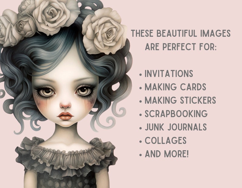Puede incluir: Una ilustraci&oacute;n digital de una ni&ntilde;a con cabello azul y una corona de rosas blancas. Tiene un rostro delicado, como de mu&ntilde;eca, con ojos grandes y un peque&ntilde;o aro en la nariz. Lleva un vestido negro con un cuello de volantes. El texto "THESE BEAUTIFUL IMAGES ARE PERFECT FOR: INVITATIONS MAKING CARDS MAKING STICKERS SCRAPBOOKING JUNK JOURNALS COLLAGES AND MORE!" est&aacute; escrito en gris sobre un fondo rosa claro.