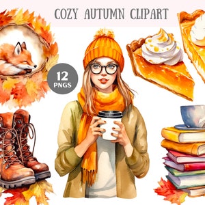 Aquarelle cosy automne Clipart automne café fille PNG Image numérique à télécharger pour la fabrication de cartes Scrapbook Junk Journal travaux manuels en papier