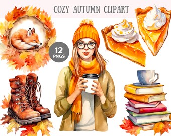Watercolour Cozy Autumn Clipart Fall Coffee Girl PNG Digital Image Downloads for Card Making Scrapbook Junk Journal Paper Crafts