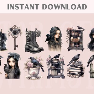 Op de afbeelding: Een set digitale clipart met een gotisch Victoriaans huis, een sleutel met rozen, een paar zwarte laarzen, een meisje met lang zwart haar, een boekenkast met boeken en rozen, een raaf op een hek, een meisje met een raaf, een theekopje met een raaf, een boekenkast met boeken en rozen en een raaf op een stapel boeken.