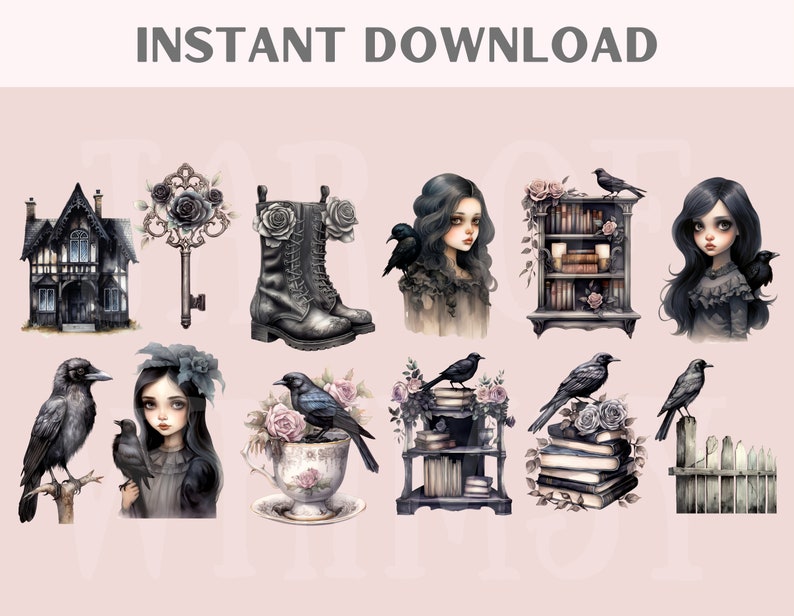 Op de afbeelding: Een set digitale clipart met een gotisch Victoriaans huis, een sleutel met rozen, een paar zwarte laarzen, een meisje met lang zwart haar, een boekenkast met boeken en rozen, een raaf op een hek, een meisje met een raaf, een theekopje met een raaf, een boekenkast met boeken en rozen en een raaf op een stapel boeken.