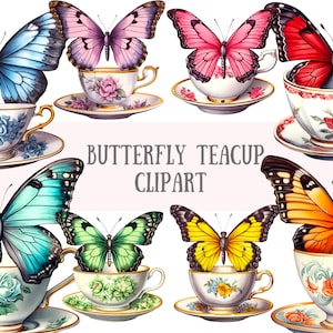 Acquerello farfalla Teacup Clipart Garden Tea Party PNG Download di immagini digitali per la creazione di cartoline Scrapbook Junk Journal Mestieri di carta