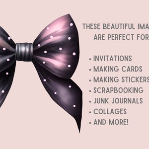 May include: A black bow with white polka dots. The bow is tied in a knot and has a shiny, satin-like finish.