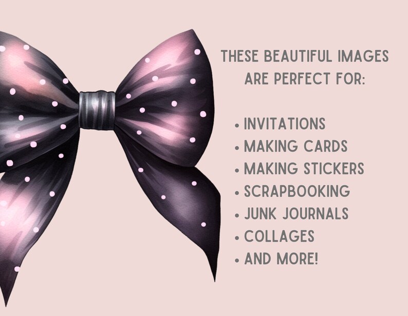 May include: A black bow with white polka dots. The bow is tied in a knot and has a shiny, satin-like finish.
