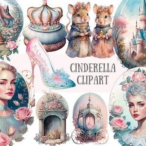 Watercolour Cinderella Clipart Pastel Fairytale PNG Digital Image Downloads for Card Making Scrapbook Junk Journal Paper Crafts