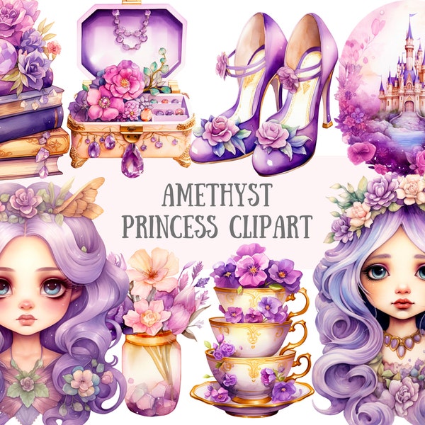 Watercolour Amethyst Princess Clipart Purple Fantasy Girl PNG Digital Image Downloads for Card Making Scrapbook Junk Journal Paper Crafts