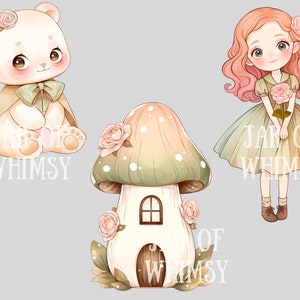 Puede incluir: Un conjunto de tres ilustraciones que presentan un lindo oso de dibujos animados con una capa marr&oacute;n, una casa de hongo con una peque&ntilde;a puerta y ventana, y una ni&ntilde;a con cabello rosado sosteniendo una flor rosa. Las ilustraciones est&aacute;n todas en un estilo caprichoso y presentan colores pastel.