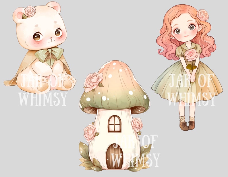 Puede incluir: Un conjunto de tres ilustraciones que presentan un lindo oso de dibujos animados con una capa marr&oacute;n, una casa de hongo con una peque&ntilde;a puerta y ventana, y una ni&ntilde;a con cabello rosado sosteniendo una flor rosa. Las ilustraciones est&aacute;n todas en un estilo caprichoso y presentan colores pastel.