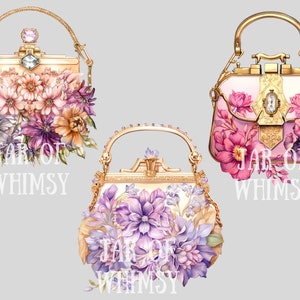 May include: Three gold and jeweled purses with floral embellishments. Each purse has a different floral design with pink, purple, and white flowers. The text "Jar of Whimsy" is visible on each purse.
