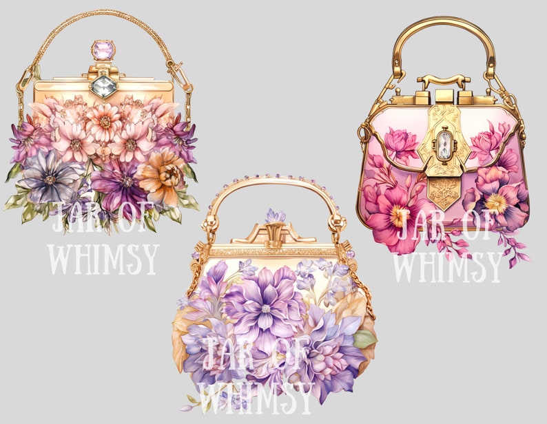 May include: Three gold and jeweled purses with floral embellishments. Each purse has a different floral design with pink, purple, and white flowers. The text "Jar of Whimsy" is visible on each purse.