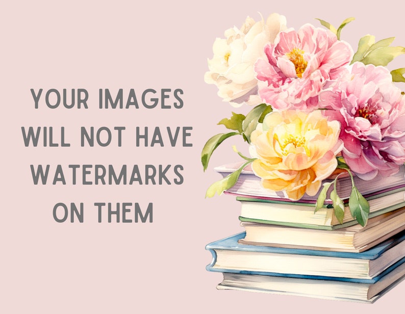 Puede incluir: Una pila de libros con un ramo de flores rosas, blancas y amarillas en la parte superior. El texto "YOUR IMAGES WILL NOT HAVE WATERMARKS ON THEM" es visible en el lado izquierdo de la imagen.