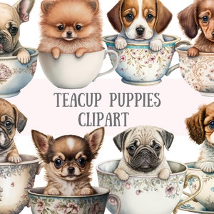 Acquerello Vintage Teacup Puppies Clipart - Kawaii Dog PNG Download di immagini digitali per la creazione di cartoline, album di ritagli, diario spazzatura, artigianato di carta