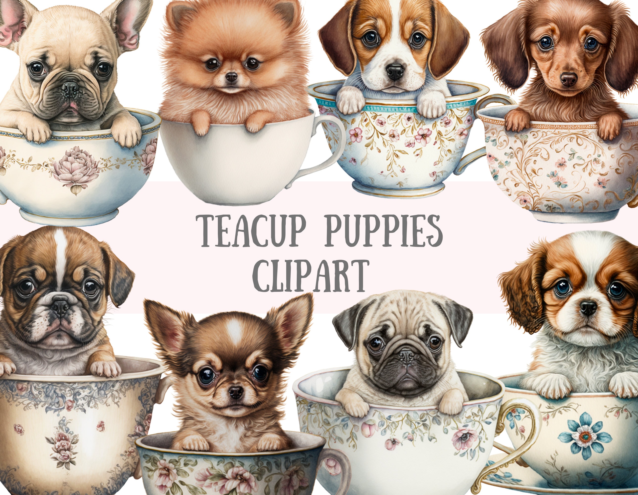 Watercolour Vintage Teacup Puppies Clipart Kawaii Dog PNG Etsy UK