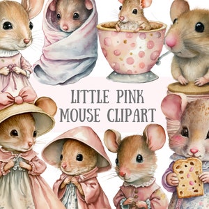 Aquarelle petite souris rose Clipart - souris de conte de fées PNG Image numérique à télécharger pour la fabrication de cartes, scrapbooking, journal indésirable, travaux manuels en papier