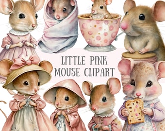 Watercolour Little Pink Mouse Clipart - Fairytale Mice PNG Digital Image Downloads for Card Making, Scrapbook, Junk Journal, Paper Crafts