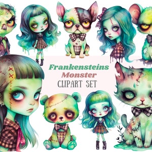 Watercolour Frankensteins Monster Clipart Kawaii Zombie Girl PNG Digital Image Download for Card Making Scrapbook Junk Journal Paper Craft