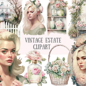 Akwarela Vintage Estate Clipart Vintage Lady PNG Pobieranie obrazów cyfrowych do tworzenia kartek Scrapbook Junk Journal Paper Crafts