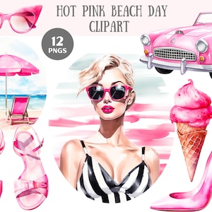 Acquerello rosa caldo Beach Day Clipart Pink Doll PNG Download di immagini digitali per la creazione di cartoline Scrapbook Junk Journal Paper Crafts