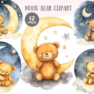 Aquarel maanbeer clipart schattige kwekerij baby beer png digitale afbeelding downloads voor kaarten maken plakboek junk dagboek papier ambachten