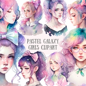 Aquarell Pastell Galaxy Mädchen Clipart Kawaii Mode Mädchen PNG digitales Bild Downloads für die Kartenherstellung Scrapbook Junk Journal Papierhandwerk