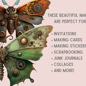 May include: Two intricate steampunk-style butterfly illustrations with gears, cogs, and metallic accents. The butterflies are in shades of green, brown, and gold against a light pink background.