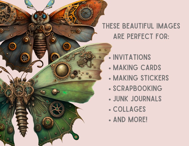 May include: Two intricate steampunk-style butterfly illustrations with gears, cogs, and metallic accents. The butterflies are in shades of green, brown, and gold against a light pink background.