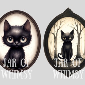 May include: Two oval framed illustrations of black cats. The first image features a close-up of a black cat with large eyes. The second image features a black cat sitting in a forest setting. Both images have the text "JAR OF WHIMSY" at the bottom.