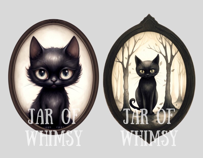 May include: Two oval framed illustrations of black cats. The first image features a close-up of a black cat with large eyes. The second image features a black cat sitting in a forest setting. Both images have the text "JAR OF WHIMSY" at the bottom.