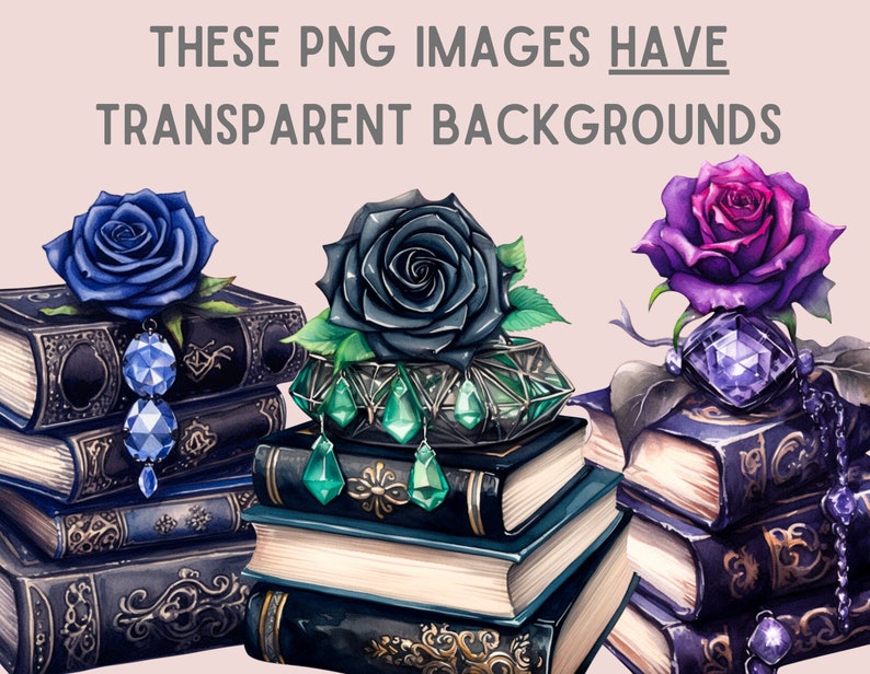 May include: Three stacks of vintage books with jeweled accents and roses on top. The roses are blue, black, and purple.  The books have ornate designs and are stacked on a light pink background.  These PNG images have transparent backgrounds.