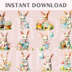 Puede incluir: Un conjunto de diez im&aacute;genes de clipart digital que presentan conejos de dibujos animados lindos que sostienen huevos de Pascua, cestas y globos. Los conejos est&aacute;n vestidos con atuendos azules y rosados con lazos. Las im&aacute;genes son perfectas para agregar un toque de fantas&iacute;a a tus manualidades y proyectos de Pascua.
