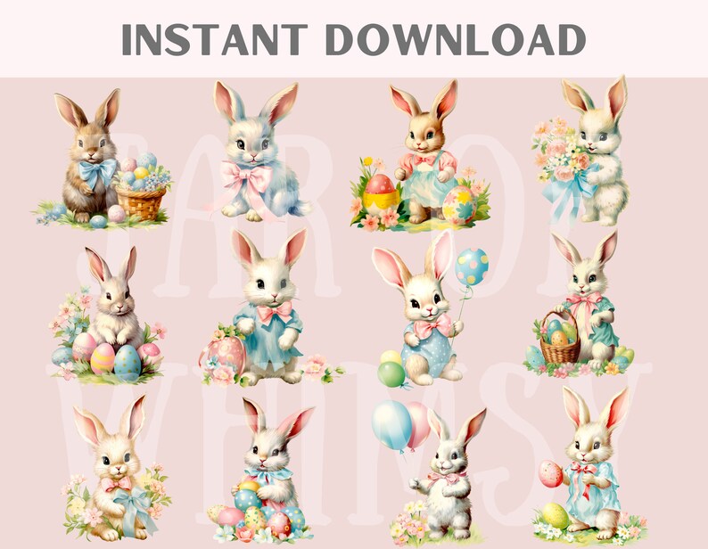 Puede incluir: Un conjunto de diez im&aacute;genes de clipart digital que presentan conejos de dibujos animados lindos que sostienen huevos de Pascua, cestas y globos. Los conejos est&aacute;n vestidos con atuendos azules y rosados con lazos. Las im&aacute;genes son perfectas para agregar un toque de fantas&iacute;a a tus manualidades y proyectos de Pascua.