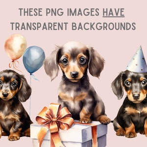 May include: Three watercolor illustrations of dachshund puppies. One puppy is wearing a blue party hat, another is sitting next to a gift box with a brown bow, and the third puppy is surrounded by blue and orange balloons.