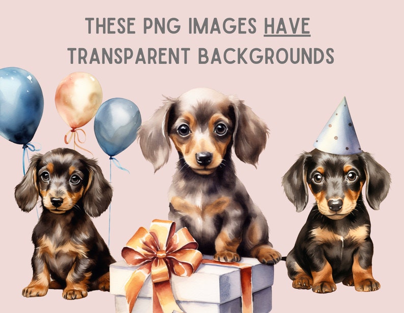 May include: Three watercolor illustrations of dachshund puppies. One puppy is wearing a blue party hat, another is sitting next to a gift box with a brown bow, and the third puppy is surrounded by blue and orange balloons.