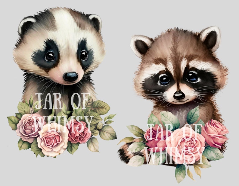 May include: Two watercolor illustrations of cute animals with pink roses. A badger with a white stripe on its forehead and a raccoon with a black mask.