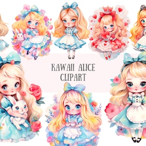 Aquarela Kawaii Alice Clipart Cute Chibi Alice Girl Downloads de imagens digitais PNG para fazer cartões Scrapbook Junk Journal Paper Crafts
