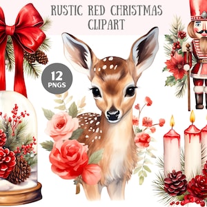 Acquerello rustico rosso Natale Clipart Natale pigne PNG Download di immagini digitali per la realizzazione di cartoline Scrapbook Junk Journal Paper Craft