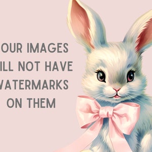 Puede incluir: Un conejito blanco con orejas rosas y un lazo rosa alrededor del cuello. El conejito est&aacute; mirando a la c&aacute;mara. El texto "YOUR IMAGES WILL NOT HAVE WATERMARKS ON THEM" est&aacute; en la esquina superior izquierda de la imagen.