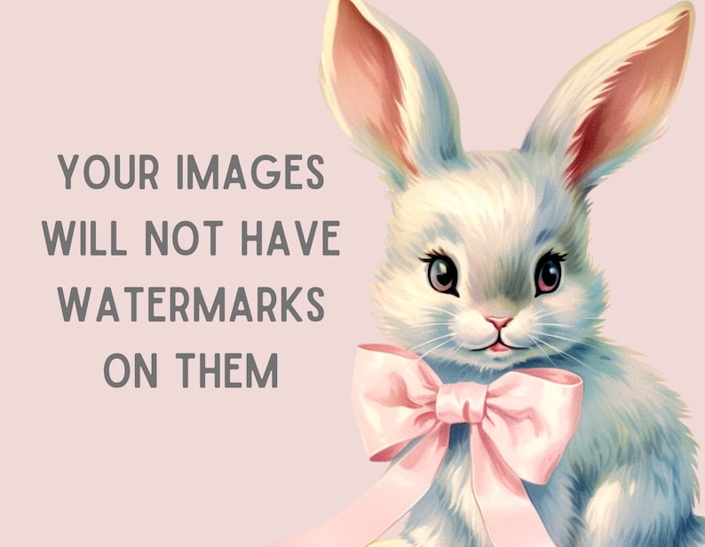 Puede incluir: Un conejito blanco con orejas rosas y un lazo rosa alrededor del cuello. El conejito est&aacute; mirando a la c&aacute;mara. El texto "YOUR IMAGES WILL NOT HAVE WATERMARKS ON THEM" est&aacute; en la esquina superior izquierda de la imagen.