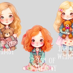 Puede incluir: Tres ilustraciones de chicas con el pelo largo y rizado, cada una sosteniendo un oso de peluche. Las chicas llevan chaquetas vaqueras y ropa colorida. El texto "JAR OF WHIMSY" aparece en la parte inferior de cada ilustraci&oacute;n.