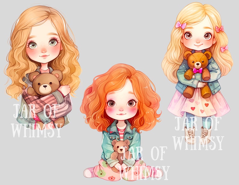 Puede incluir: Tres ilustraciones de chicas con el pelo largo y rizado, cada una sosteniendo un oso de peluche. Las chicas llevan chaquetas vaqueras y ropa colorida. El texto "JAR OF WHIMSY" aparece en la parte inferior de cada ilustraci&oacute;n.