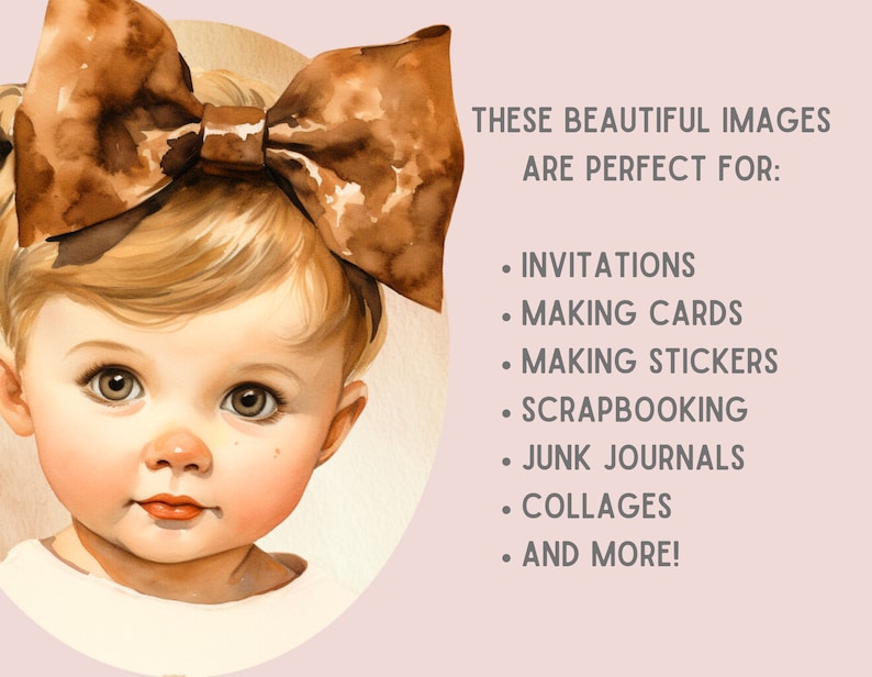 Akvarell Vintage Baby Girl Clipart Baby Shower PNG Digitala Bildnedladdningar för Korttillverkning Scrapbook Junk Journal Papperspyssel bild 6