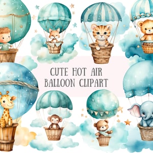Aquarela bonito balão de ar quente clipart azul chá de bebê PNG download de imagem digital para fazer cartão scrapbook lixo diário artesanato de papel