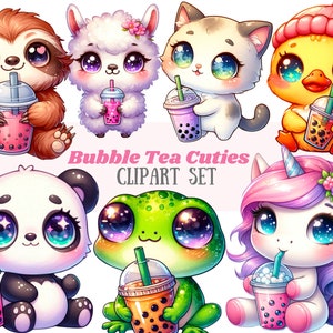 Acuarela Bubble Tea Animal Clipart Boba Tea Animals PNG Descargas de imágenes digitales para hacer tarjetas Scrapbook Junk Journal Paper Crafts