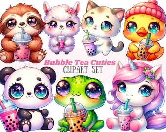 May include: A set of digital clipart featuring cute cartoon animals holding bubble tea. The animals include a sloth, llama, cat, duck, panda, frog, and unicorn. Each animal is holding a cup of bubble tea with colorful boba.
