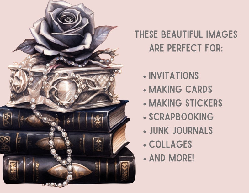 May include: A stack of vintage books with a silver ornate box and a single black rose on top. A pearl necklace is draped over the books.